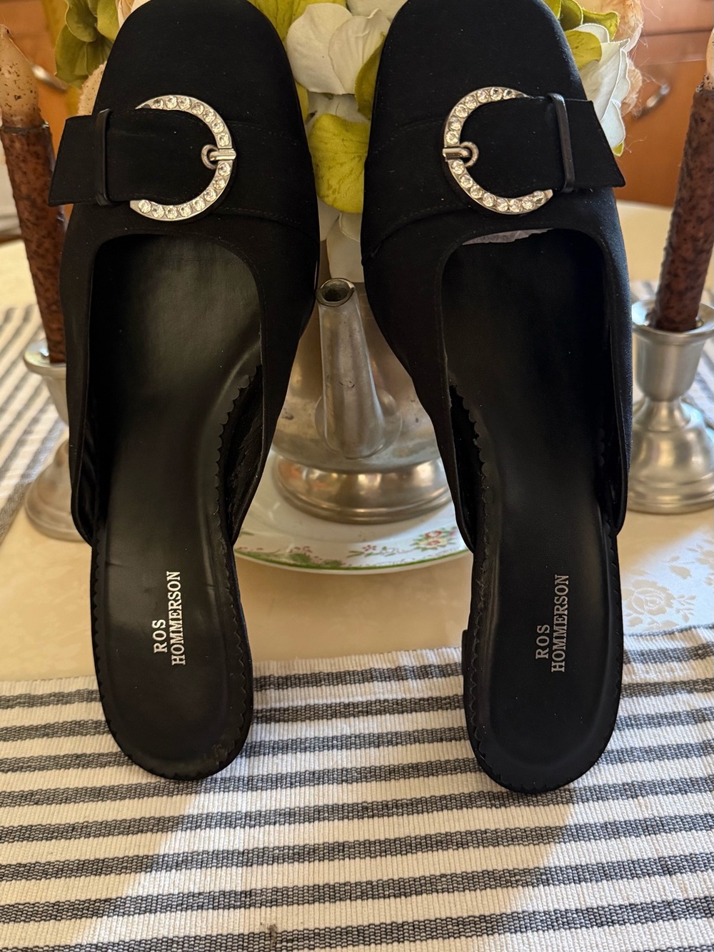 Ros Hommerson Black Slip-On Mules with Crystal-Accent Buckle